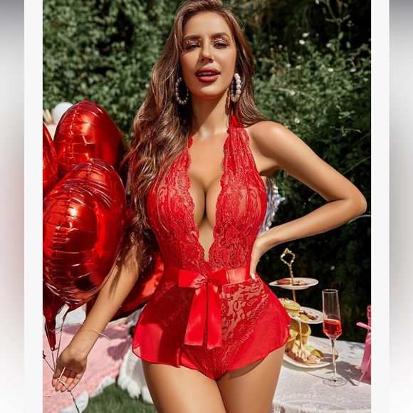 Red Lace Halter Teddy Lingerie Babydoll Bodysuit Deep V Fit - Picture 5 of 5